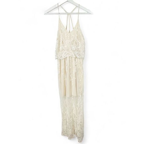 Miami Women's size XS Mesh Lace Overlay Layered Maxi Dress Cream Boho Fairycore - Picture 1 of 16